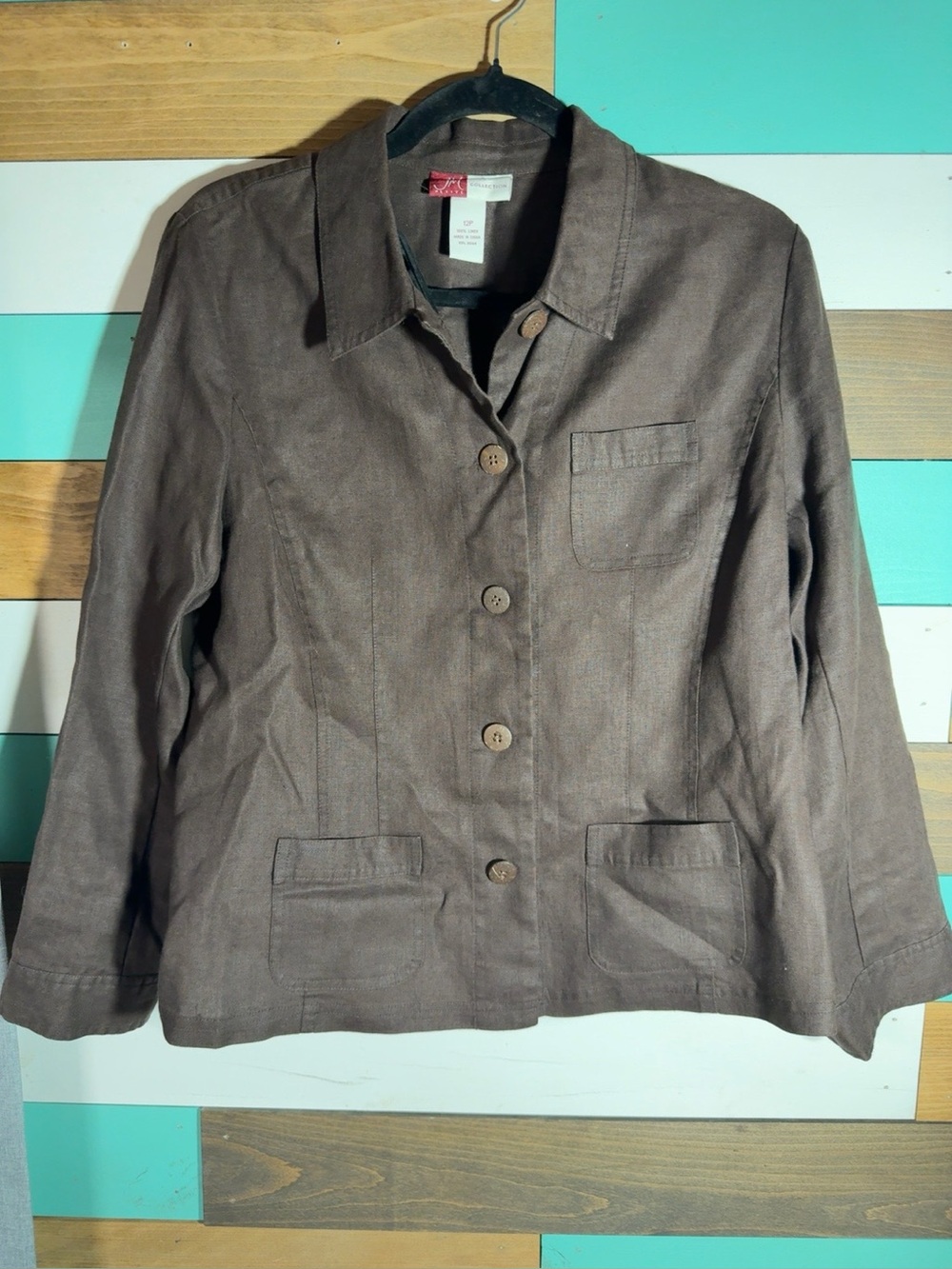 JM Collection Petite Linen Jacket Women’s 12P Brown Utility Chore Blazer
